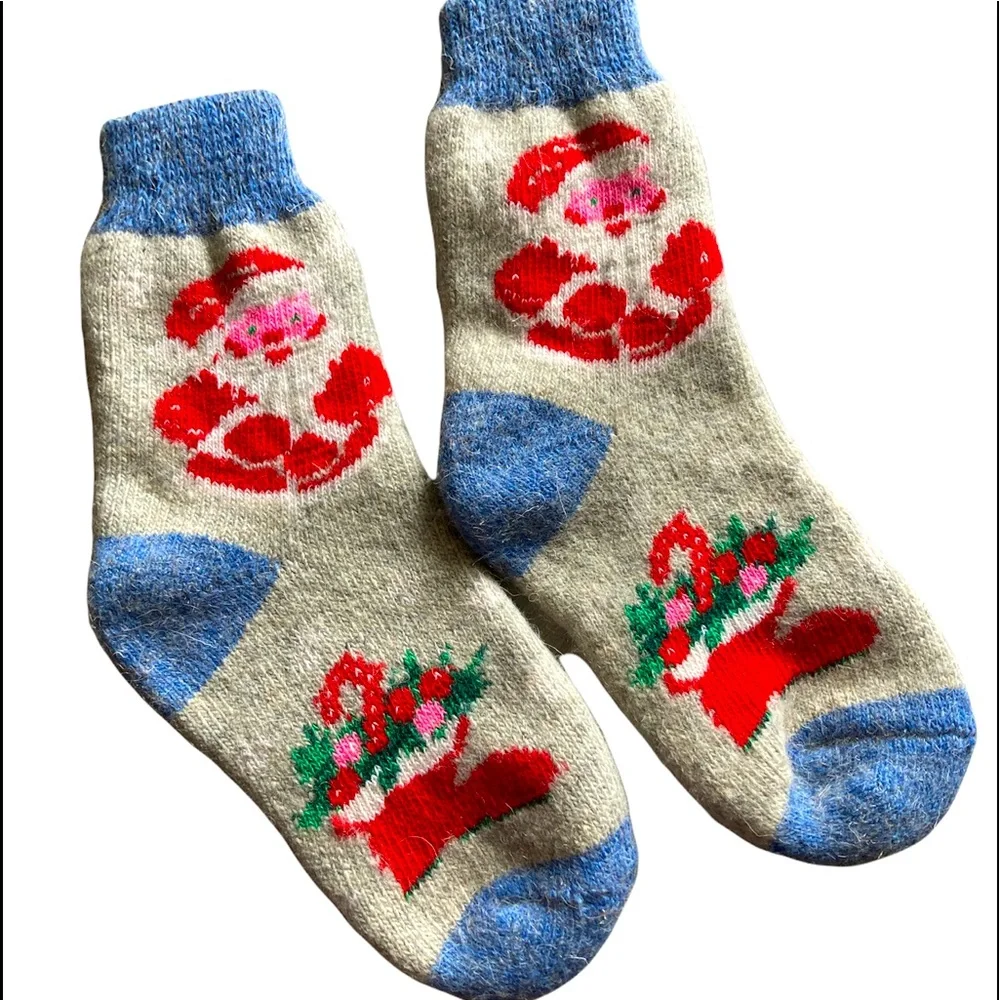 Christmas Socks 2 Pair Vintage Santa Clause Wool Crew Jolly Grumpy Knee Length